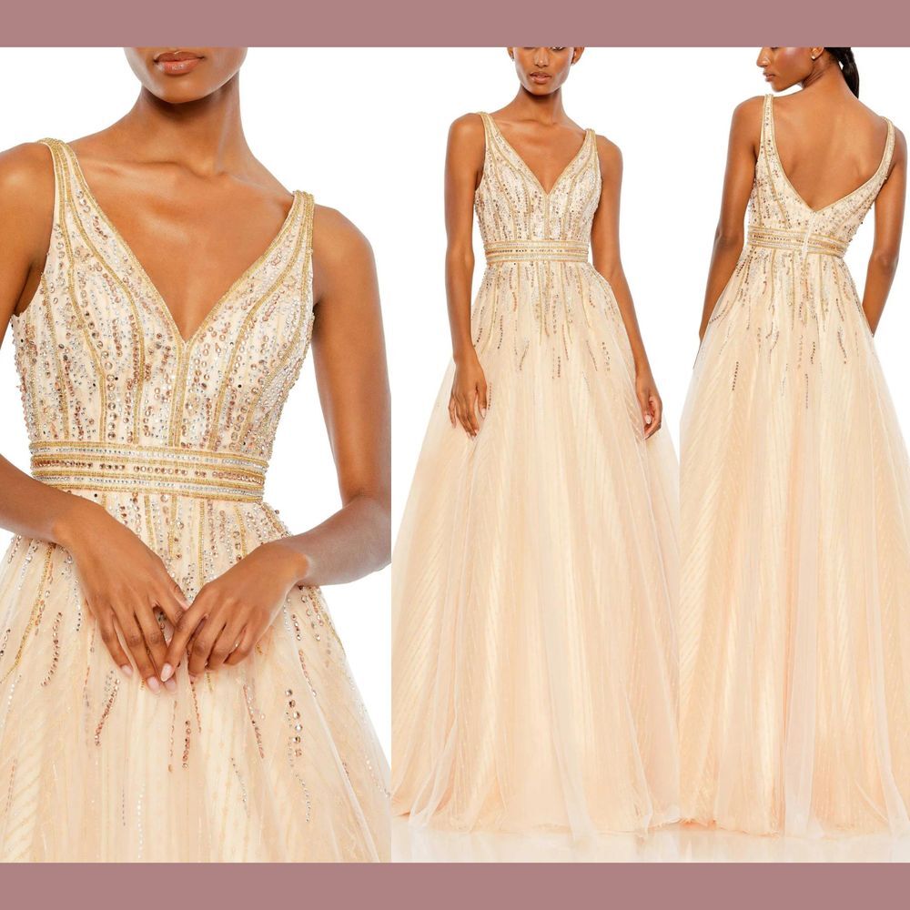 NEW $598 Mac Duggal [ 18 ] Jewel Encrusted Tulle Ball‎ Gown 48858 Peach Blossom